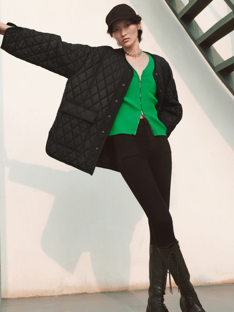MO&Co. Women's Contrast Plaid Midi Coat Loose Casual Round Neck Ladies Long Coat
