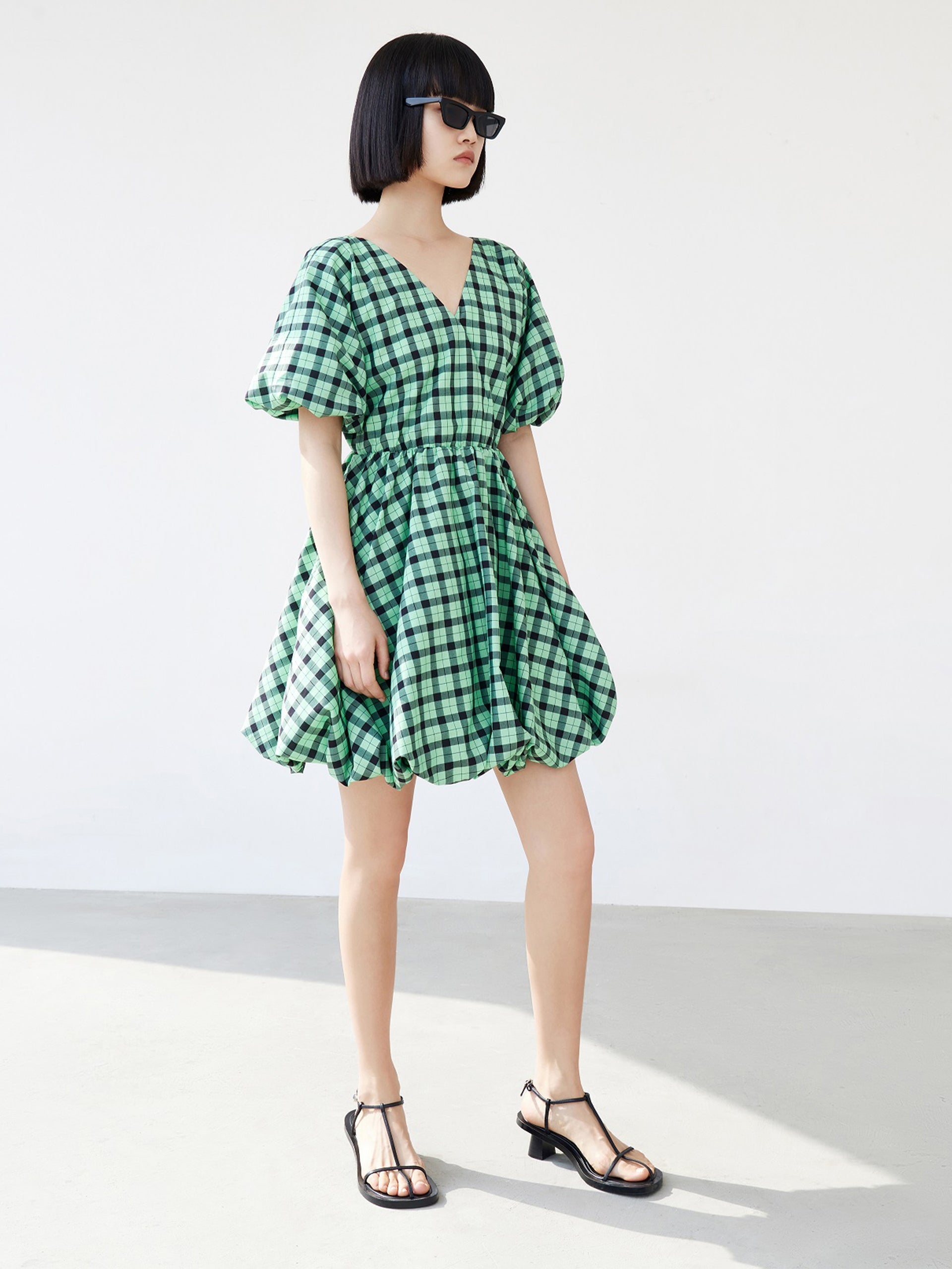 Puff Sleeved V-Neck Checkered Dress MO&Co.