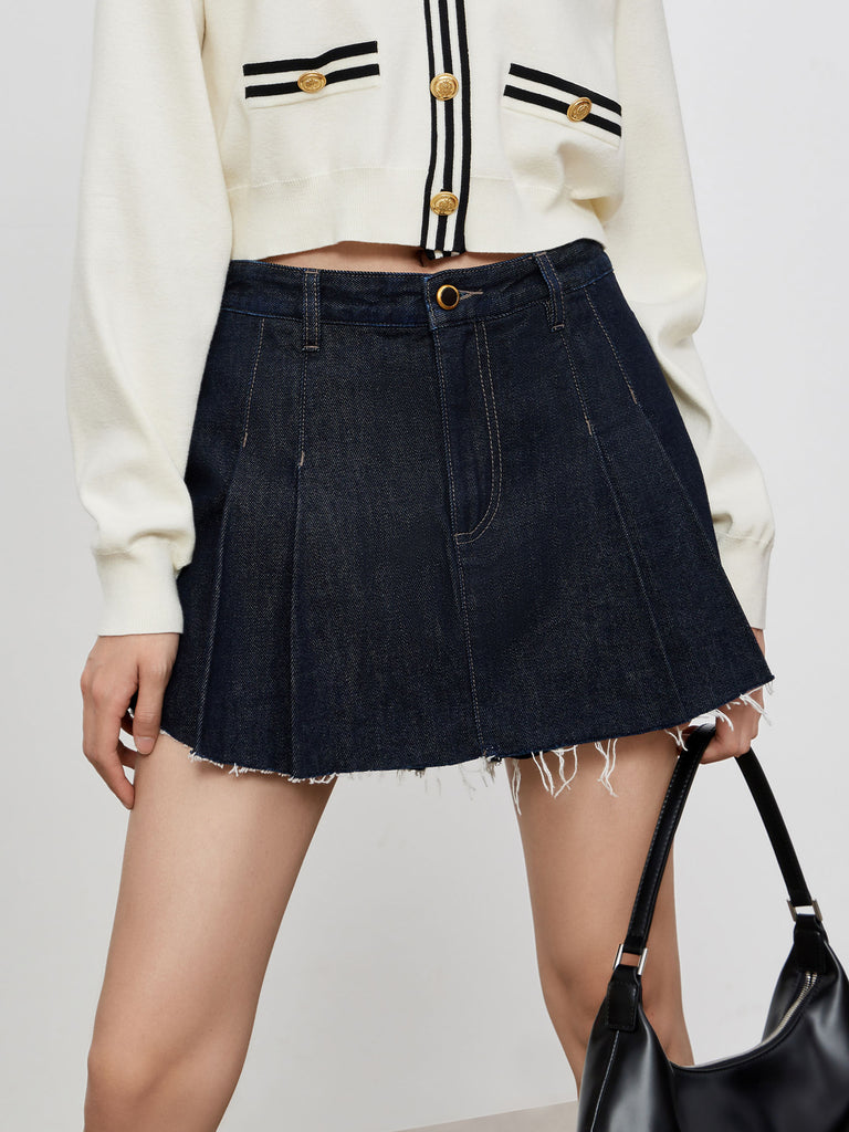 MO&Co.Women's High Waist Pleated Denim Culottes Fitted Cowboys High Waisted Shorts