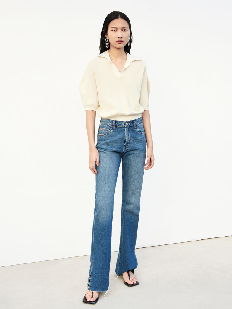 MO&Co. Women's Cotton Straight Leg Slit Jeans Loose Cowboys Blue Jeans For Woman