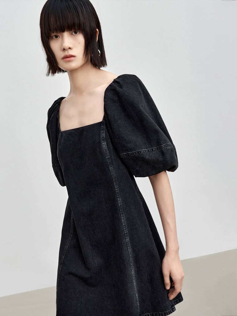 MO&Co. Women Cotton Puff Sleeve Denim Dress Loose Casual  Round Neck Black
