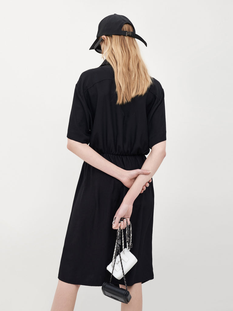 MO&Co. Women's Triacetate Wrap Knot Shirt Dress Loose Casual Lapel Black