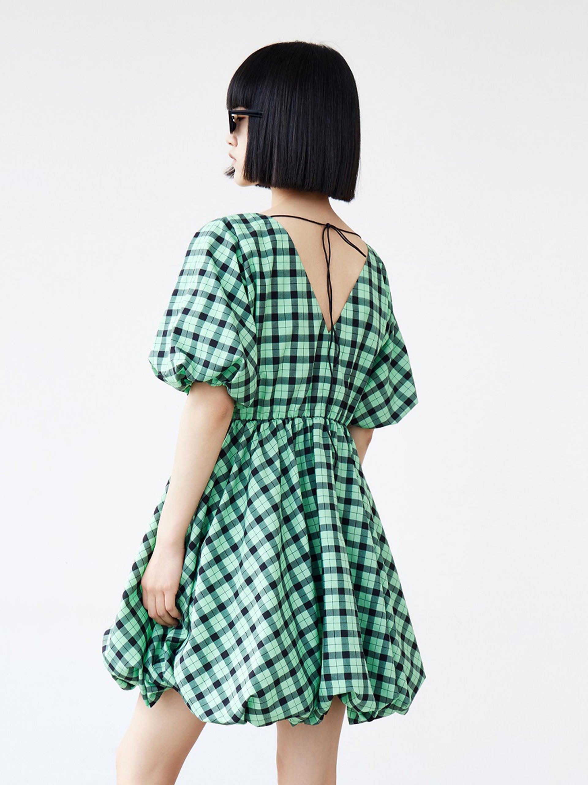 Puff Sleeved V-Neck Checkered Dress MO&Co.