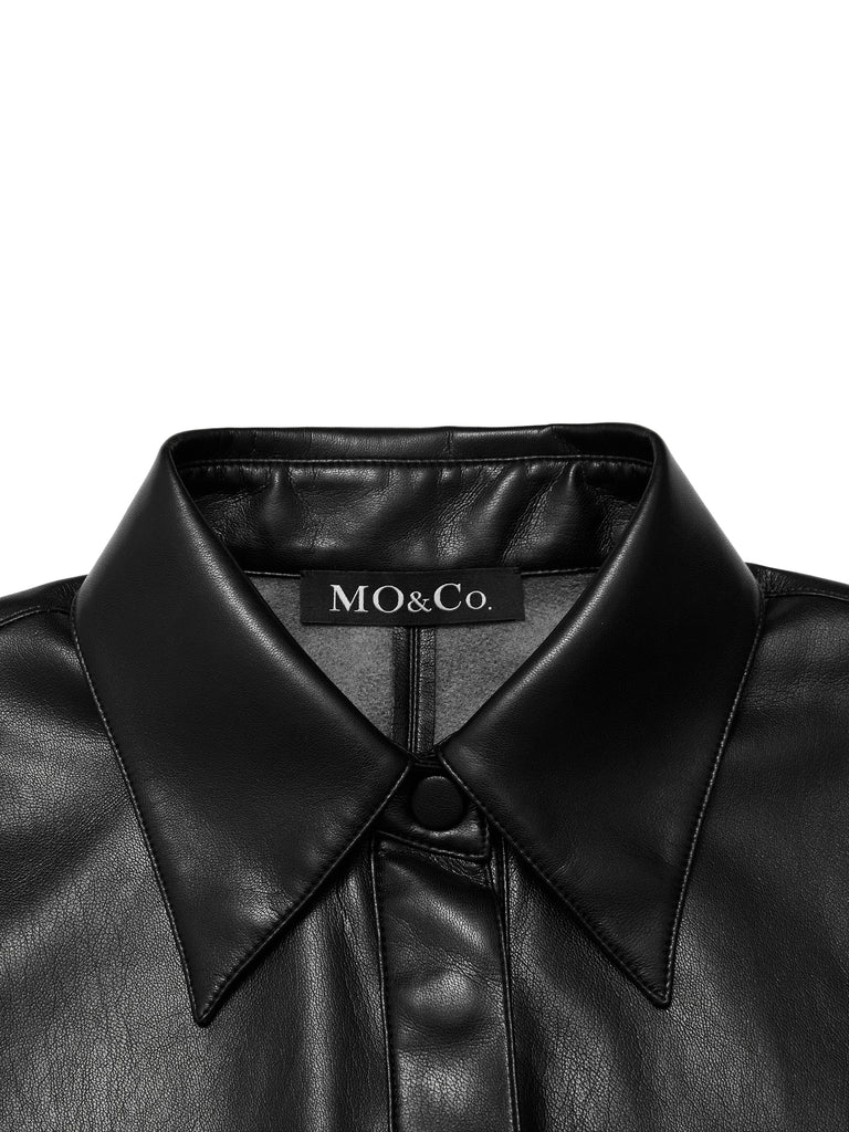MO&Co. Women's Faux Leather Slim Fit Shirt Fitted Cool Lapel T Shirt Brand