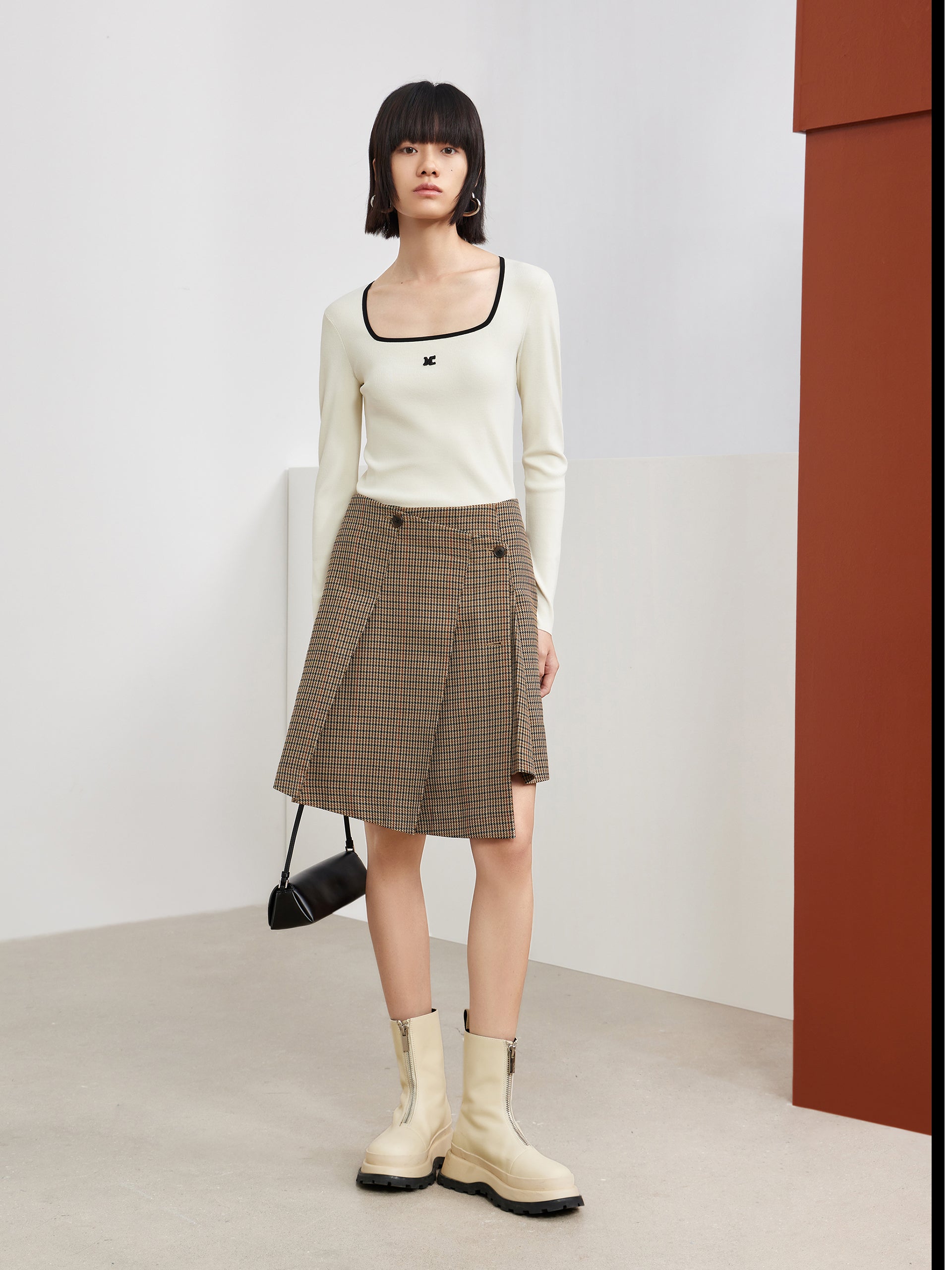 MO&Co. Women's Asymmetric Vintage Check Skirt Fitted Chic Khaki Pleated Skirt