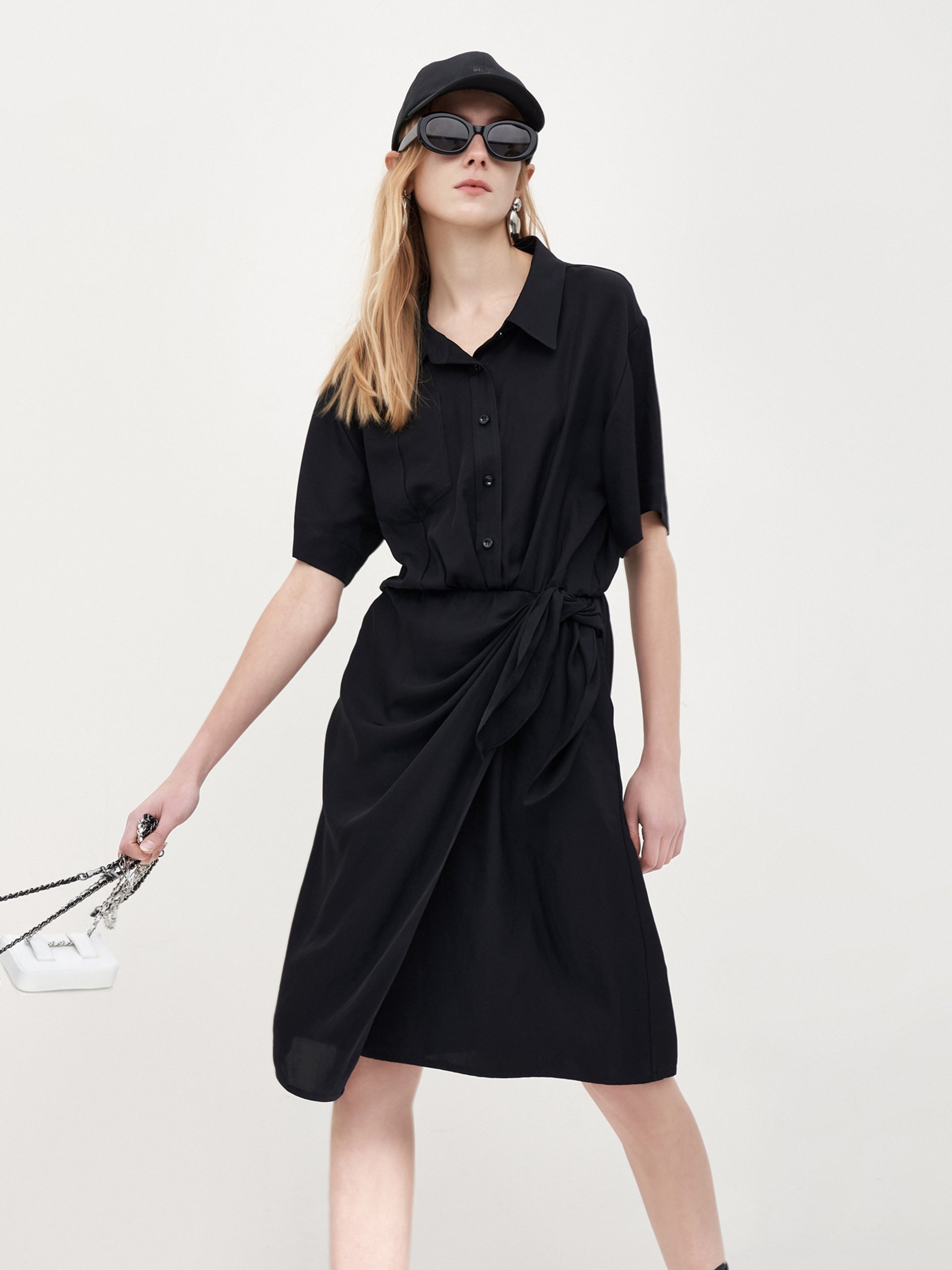 MO&Co. Women's Triacetate Wrap Knot Shirt Dress Loose Casual Lapel Black