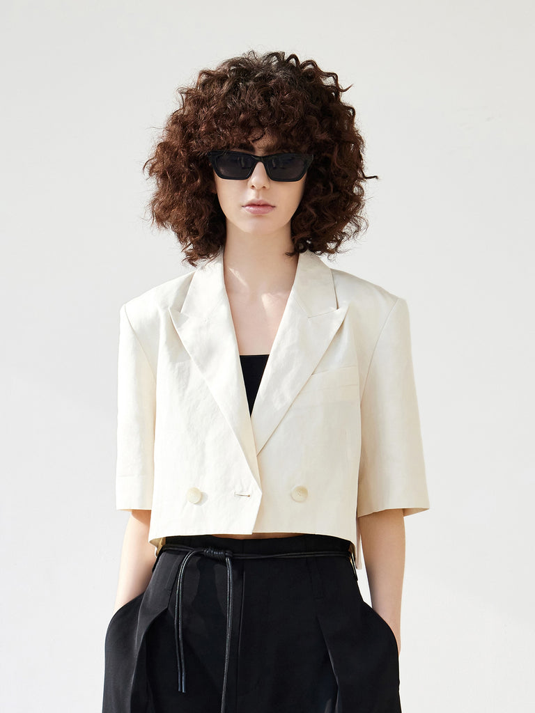 MO&Co. Women's Linen Blend Crop Blazer Loose Casual Lapel Ladies Blazer Coat