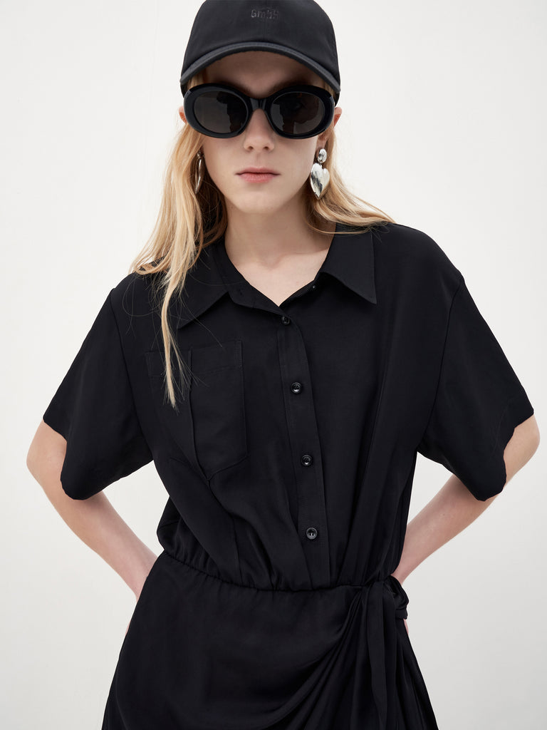 MO&Co. Women's Triacetate Wrap Knot Shirt Dress Loose Casual Lapel Black