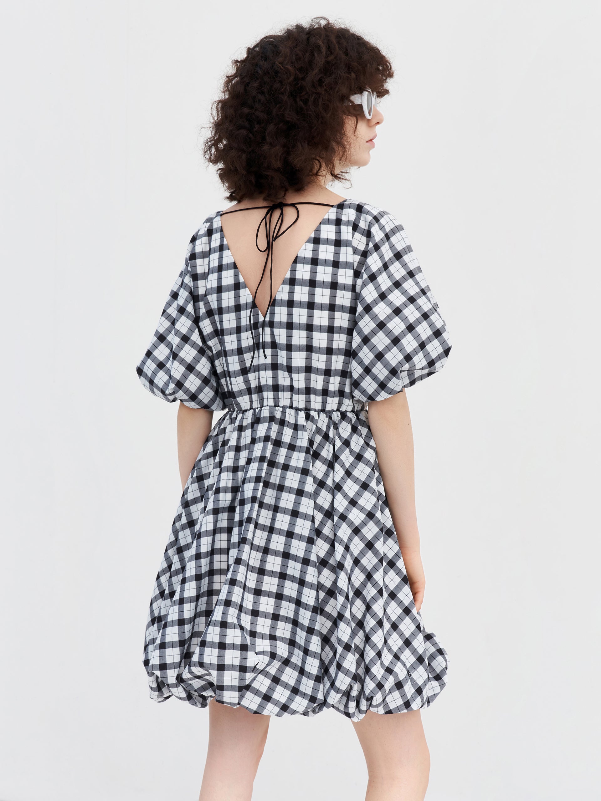 Puff Sleeved V-Neck Checkered Dress MO&Co.