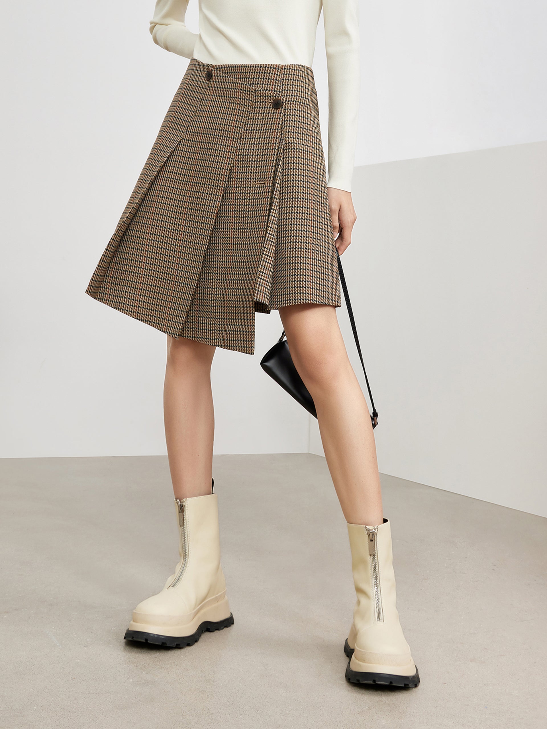 MO&Co. Women's Asymmetric Vintage Check Skirt Fitted Chic Khaki Pleated Skirt