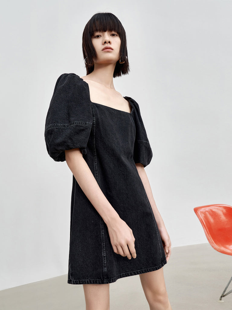 MO&Co. Women Cotton Puff Sleeve Denim Dress Loose Casual  Round Neck Black