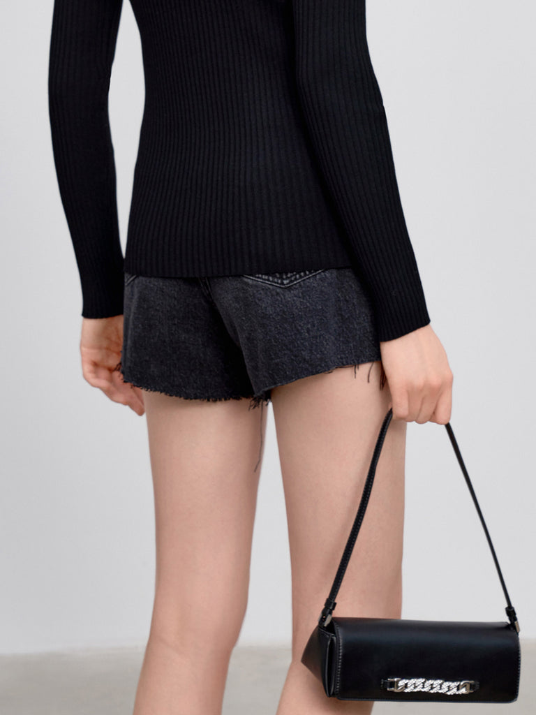MO&Co. Women Cutout Frayed Edge Denim Shorts Fitted Casual Black Streetwear