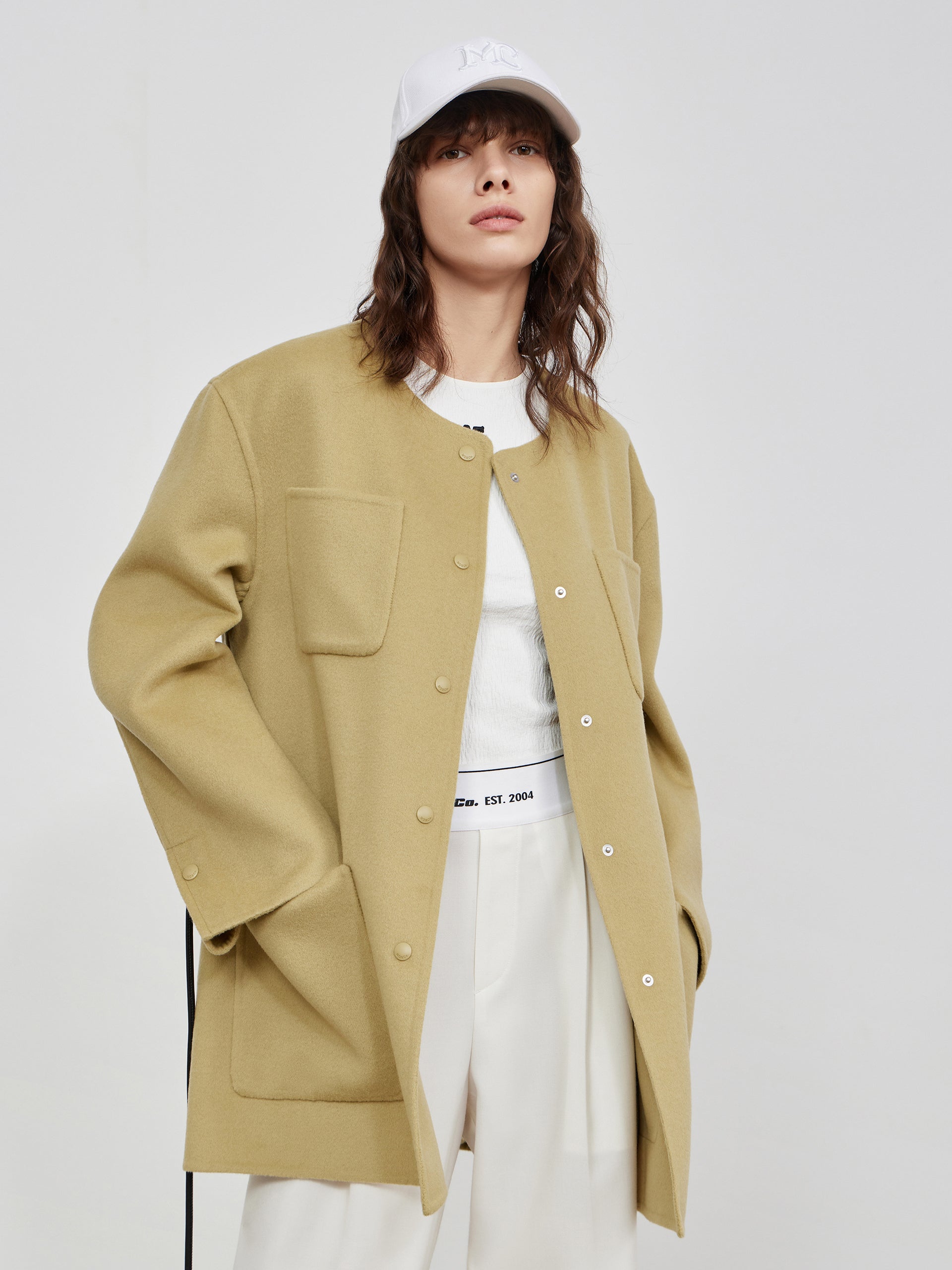 MO&Co. Women's Collarless Coat in Wool Loose Casual Lapel Longline Coat