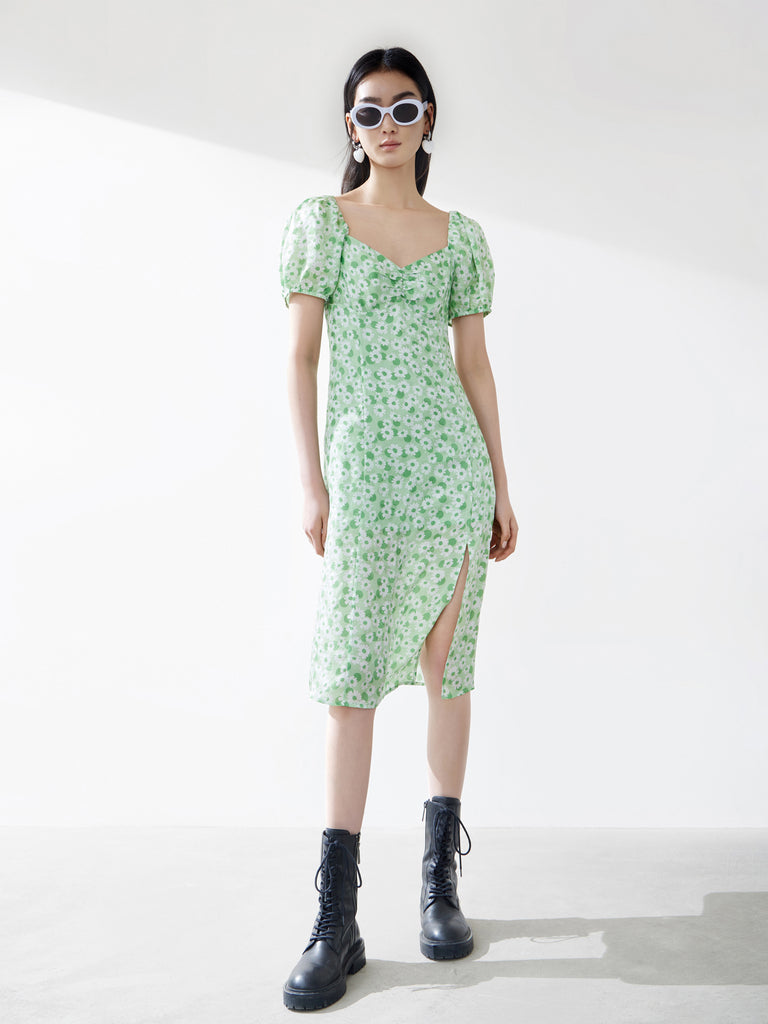 MO&Co. Women's Daisy Print Slit Silk Dress Loose Casual V Neck Summer