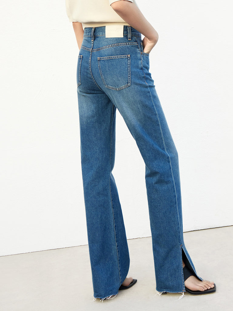 MO&Co. Women's Cotton Straight Leg Slit Jeans Loose Cowboys Blue Jeans For Woman