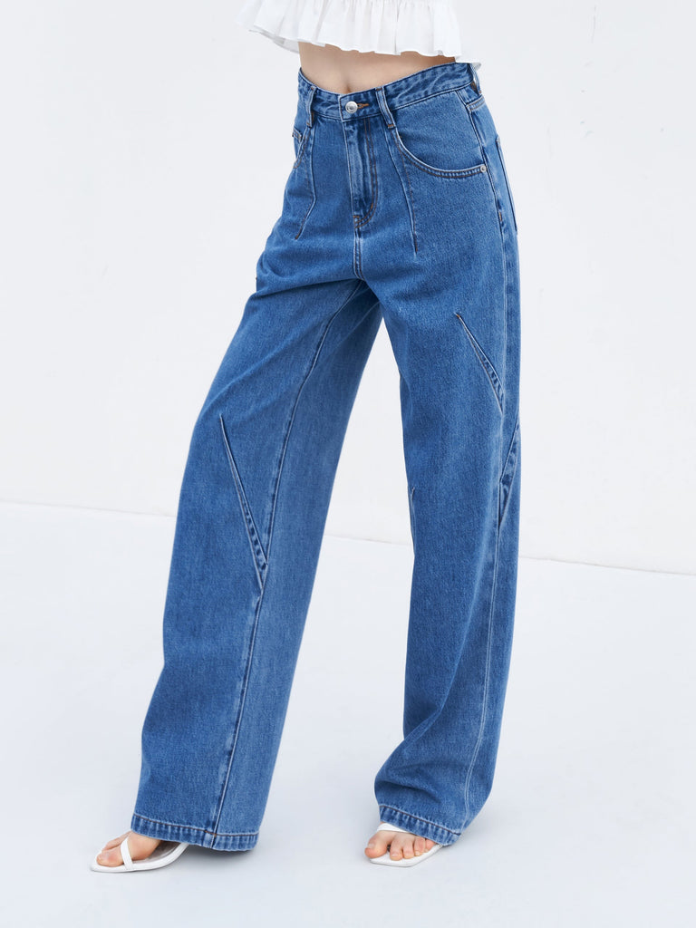 MO&Co. Women's Washed Cotton Straight Leg Jeans Loose Cowboys Blue