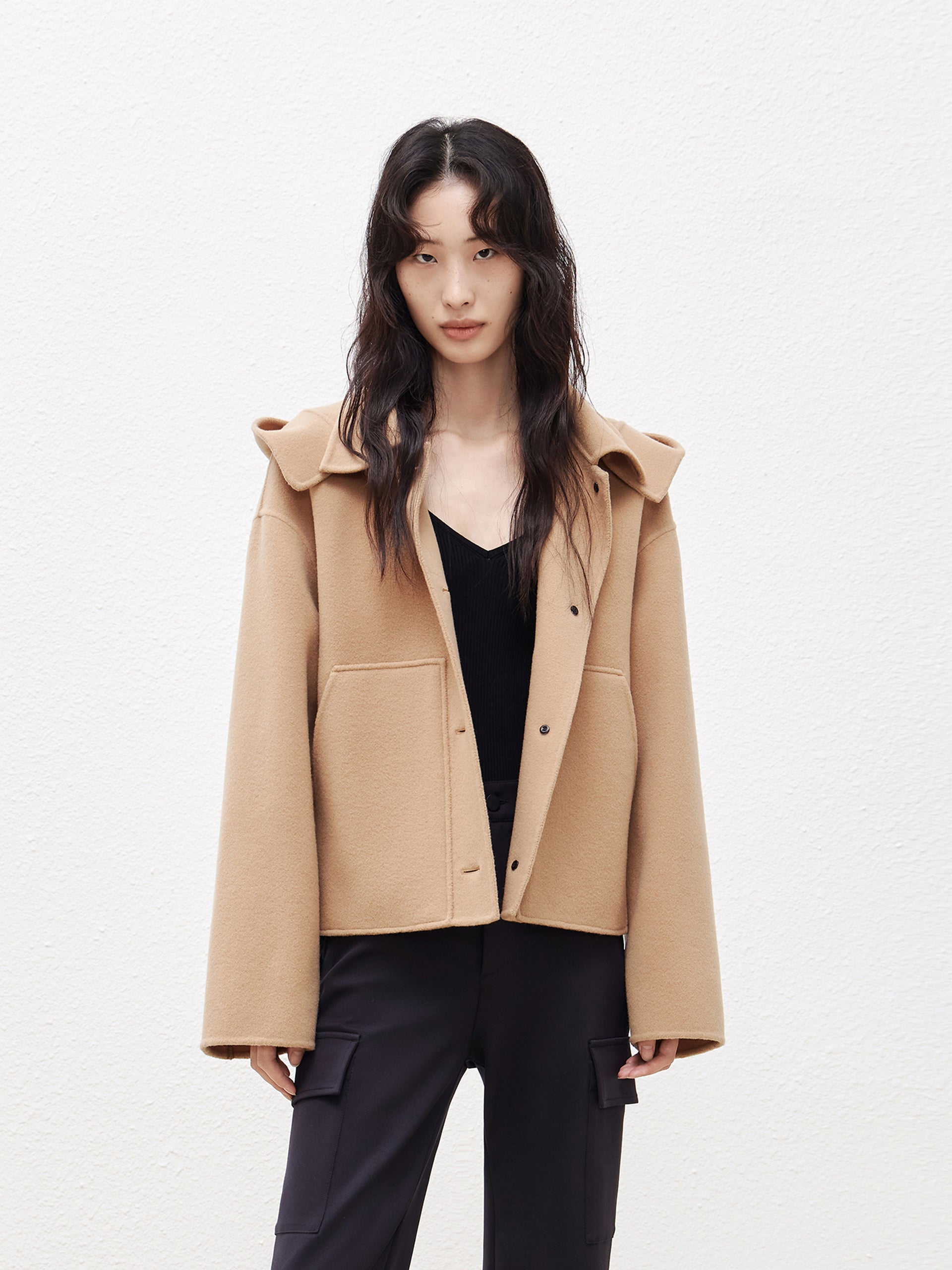 Hooded Cropped Wool Coat