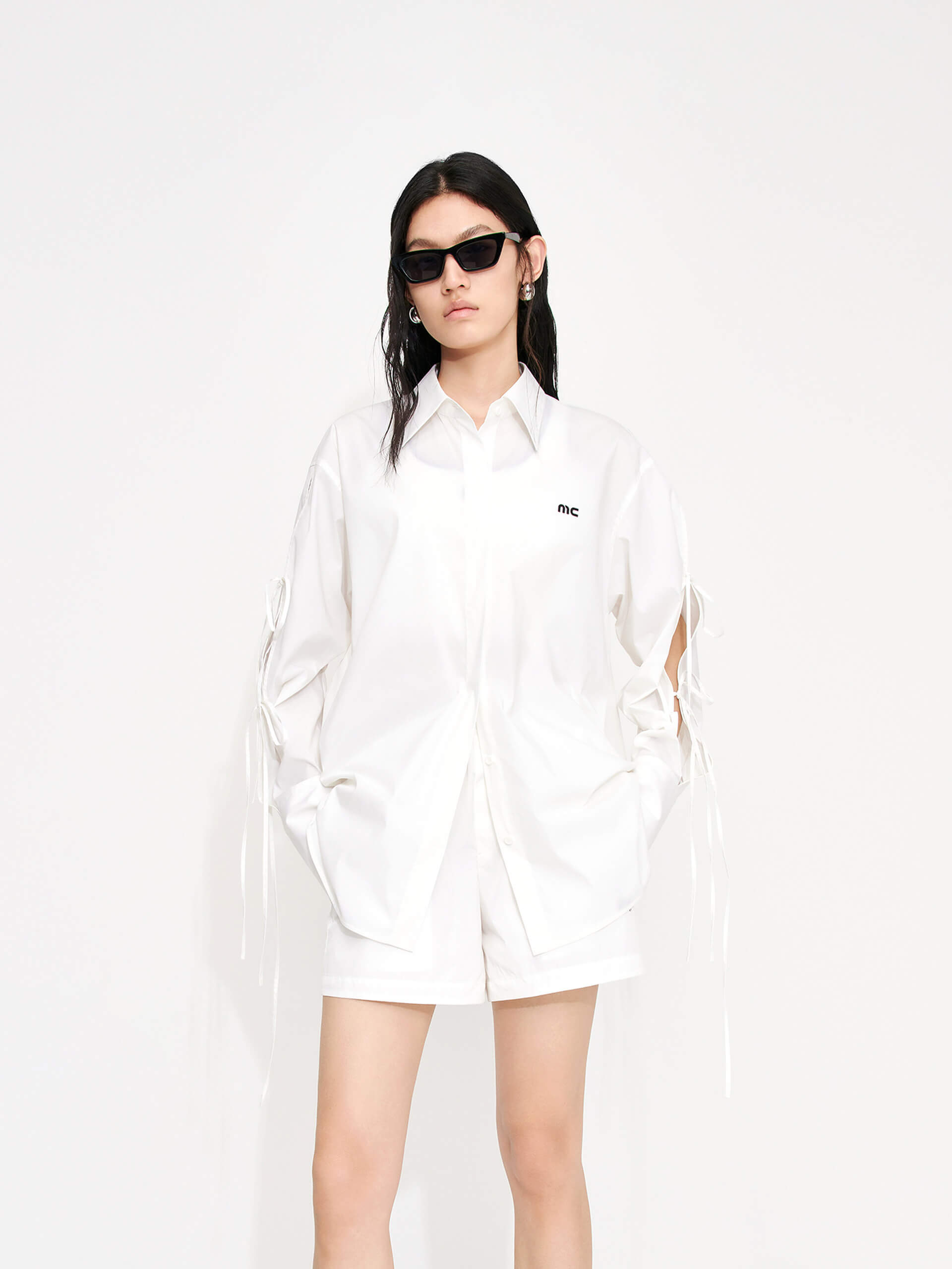 MO&Co. Women's Cotton Blend Cutout Details Oversized Shirt in White