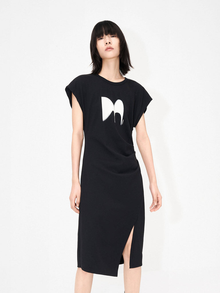 MO&Co. Women's Logo Printed Pleated Midi Dress with Cutout Back Details in Black