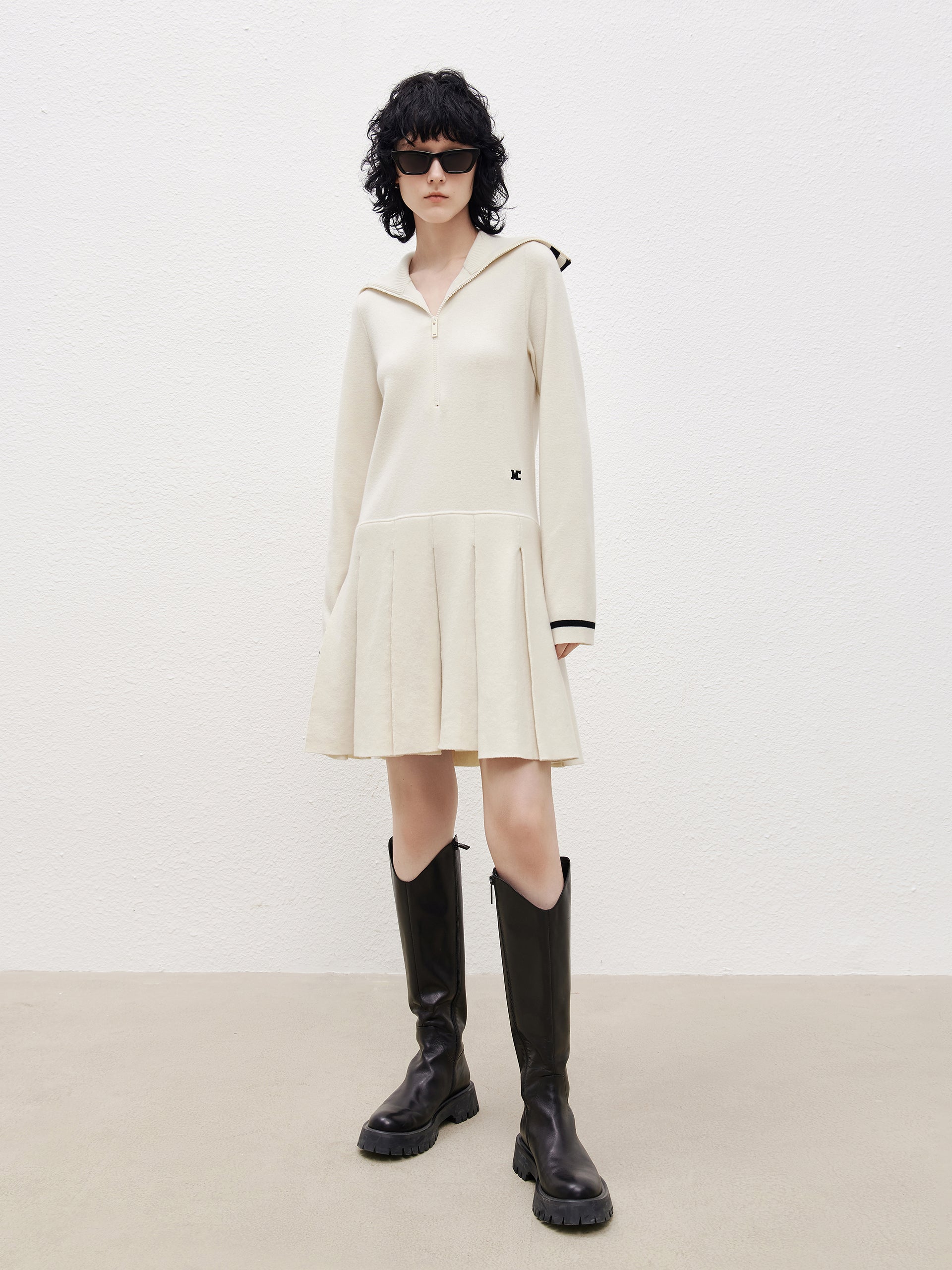 White Wool Blend Navy Collar Sweater Dress