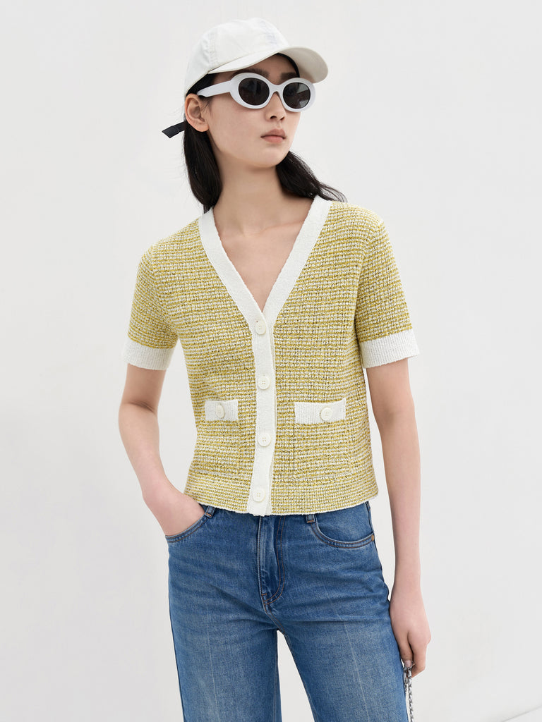 MO&Co. Women's Contrast Short Sleeves Knitted Cardigan for Spring Summer Casual in Textured Yellow and White