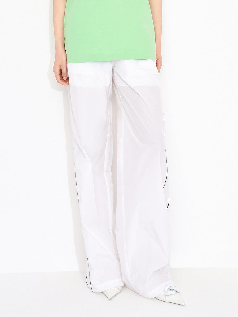 MO&Co. Women's Contrasting Track Parachute Wide-leg Lightweight Pants in White