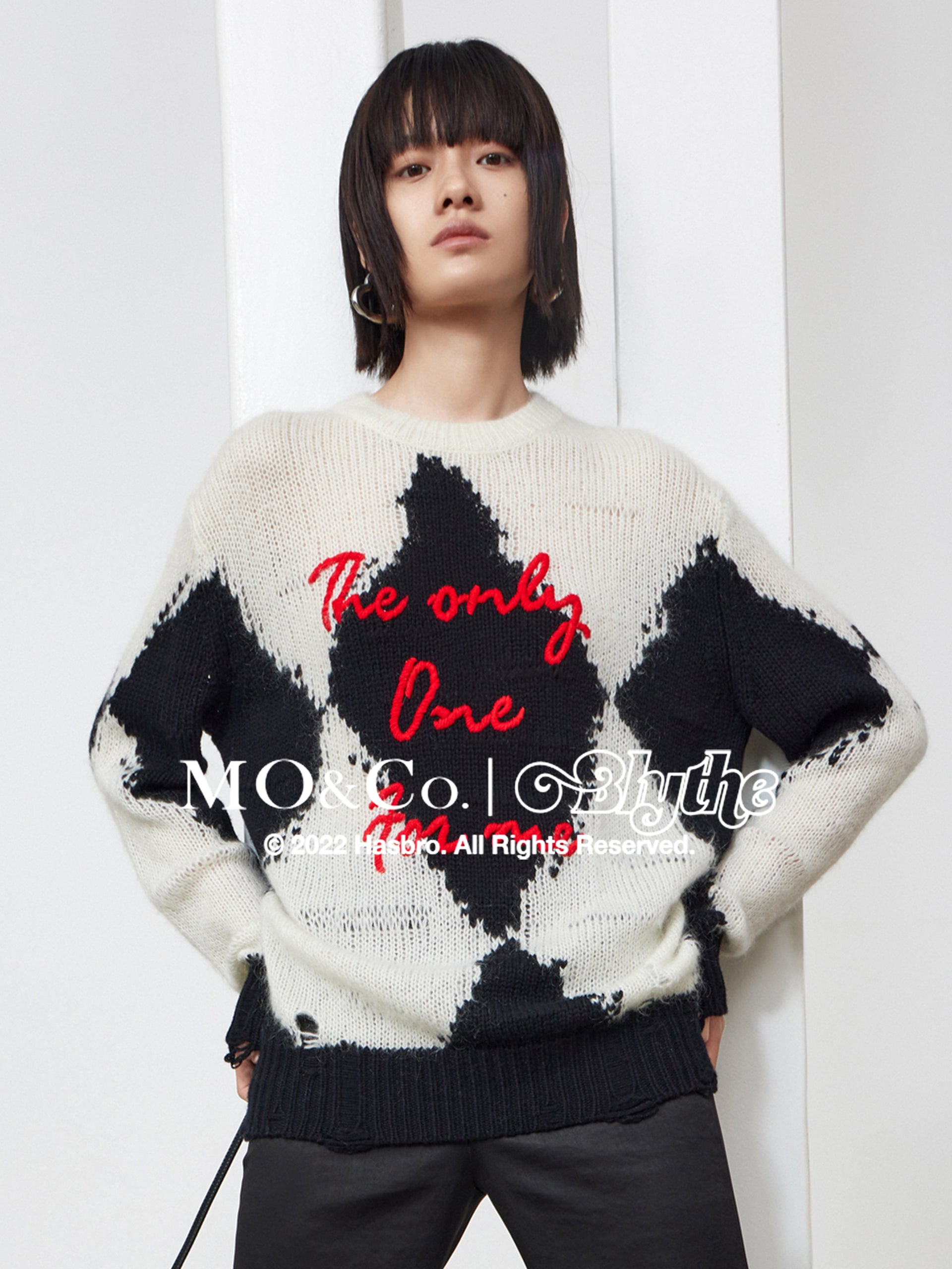 MO&Co.｜Blythe Collaboration Wool Letter Pattern Sweater Loose Chic Round Neck  Red Sweater