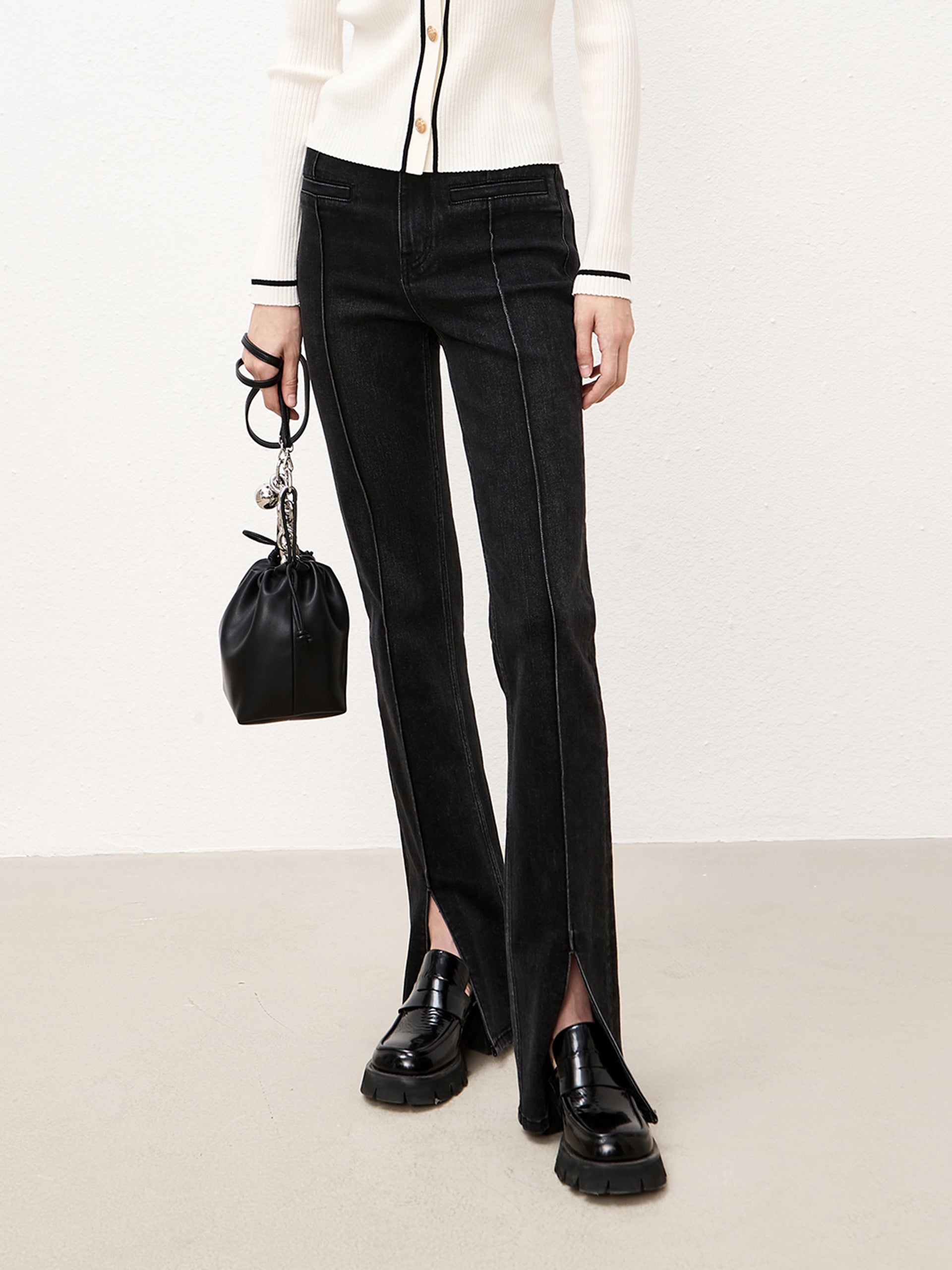 Black Straight Front Slit Jeans