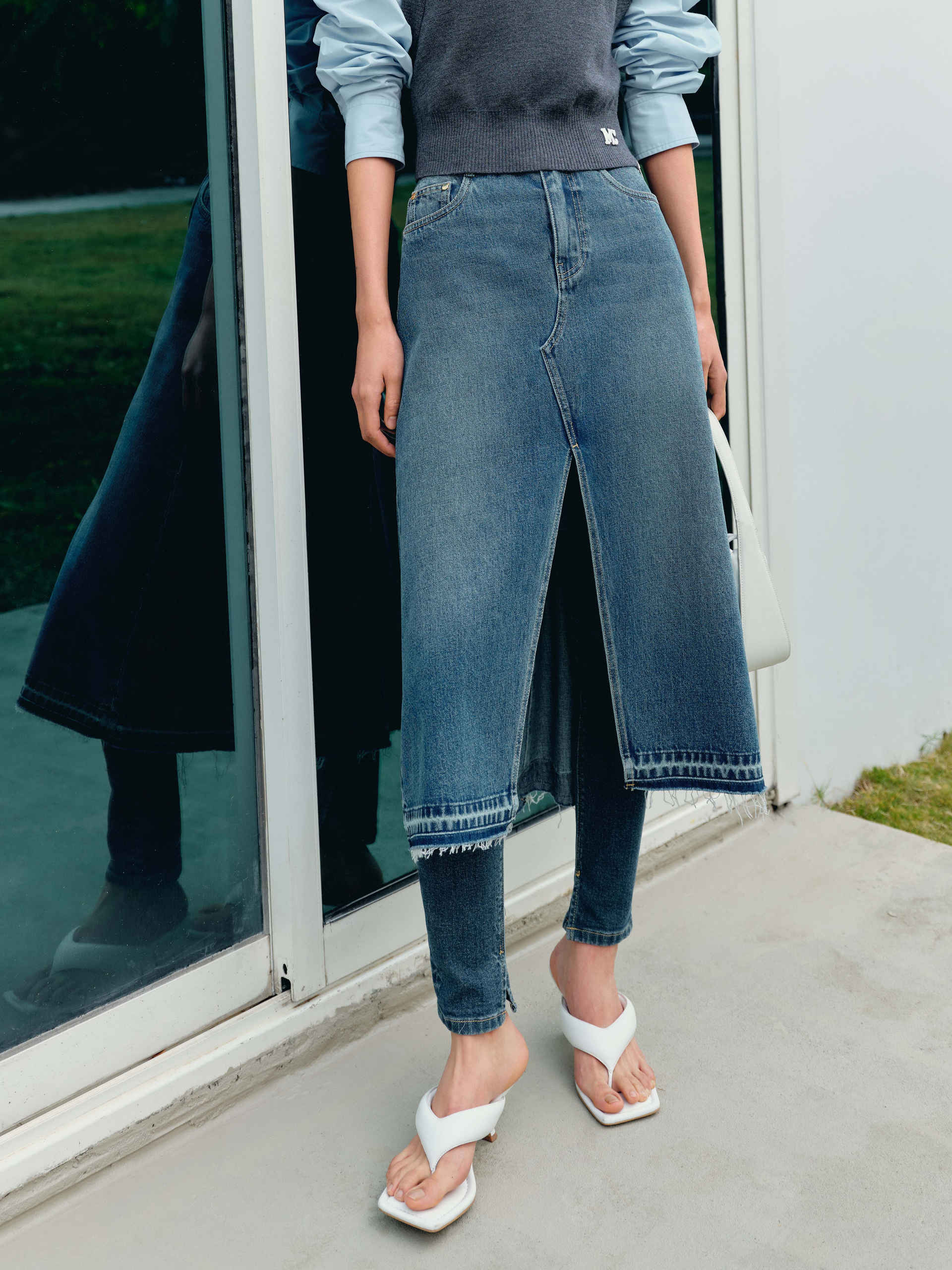 Slit Front Raw Hem Blue Denim Midi Skirt