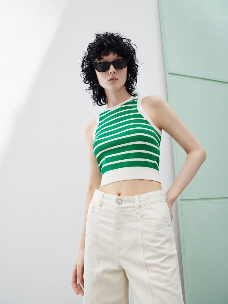 Green Striped Cropped Causal Knitted Tank Top