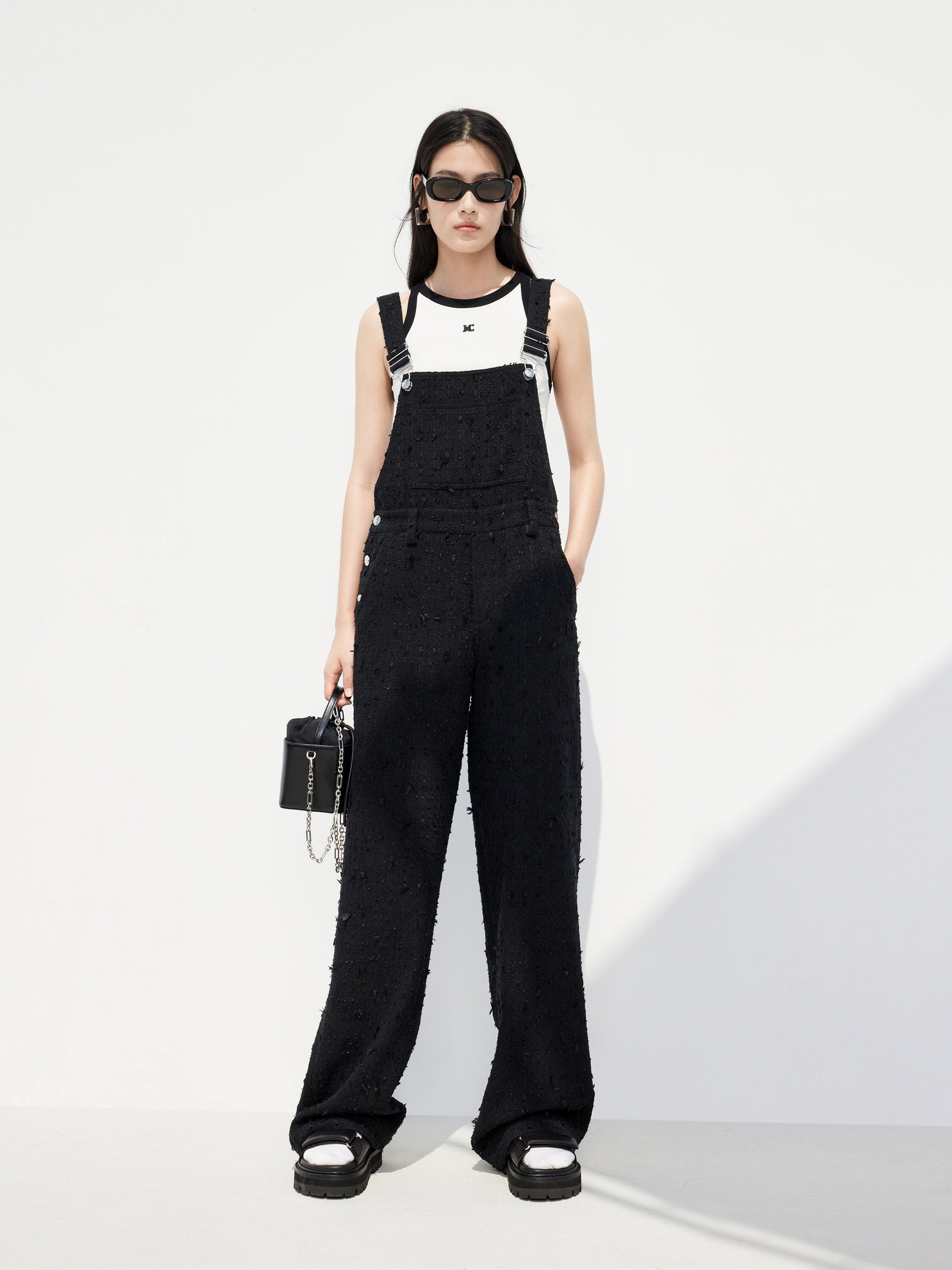 Textured Overalls Tweed Jumpsuit in Black