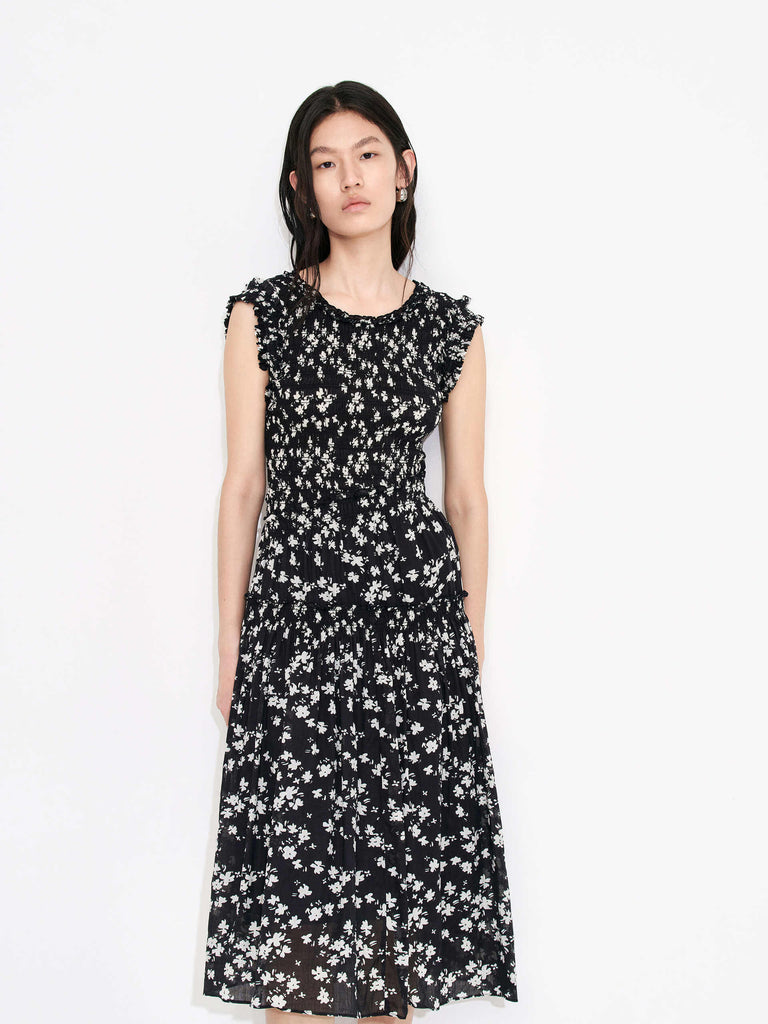 MO&Co. Women's Crewneck Floral Print Smocked Midi Dress in Black