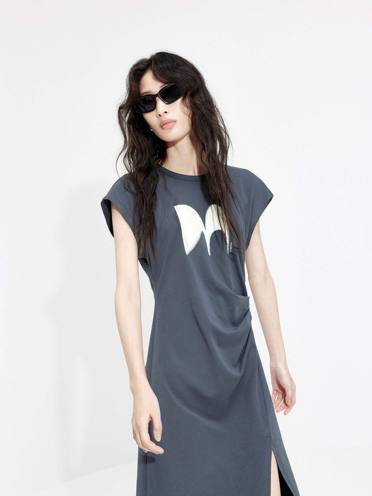 MO&Co. Women's Logo Printed Pleated Midi Dress with Cutout Back Details in Grey