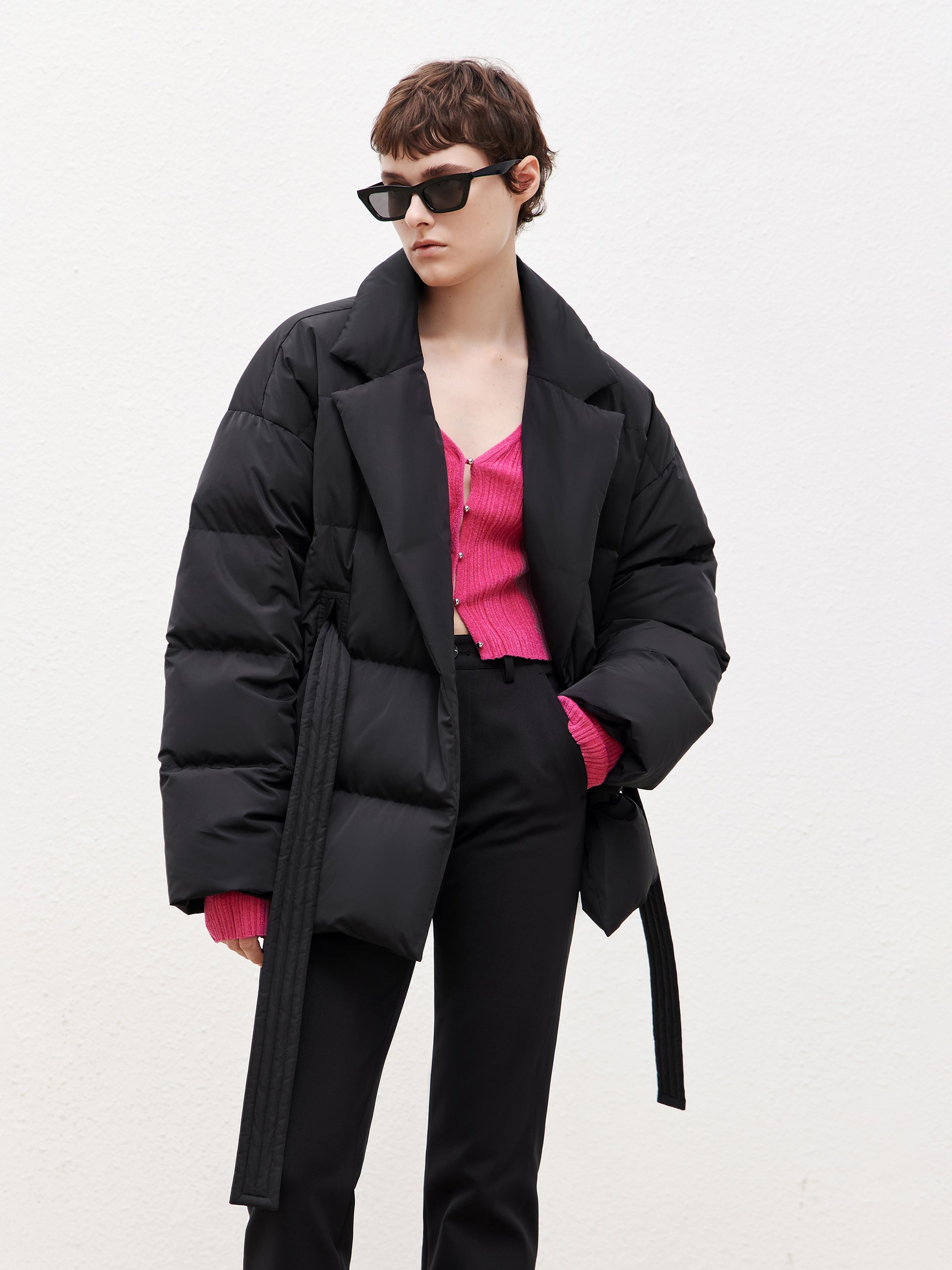 Black Lapel Collar Puffer Down Jacket with Belt