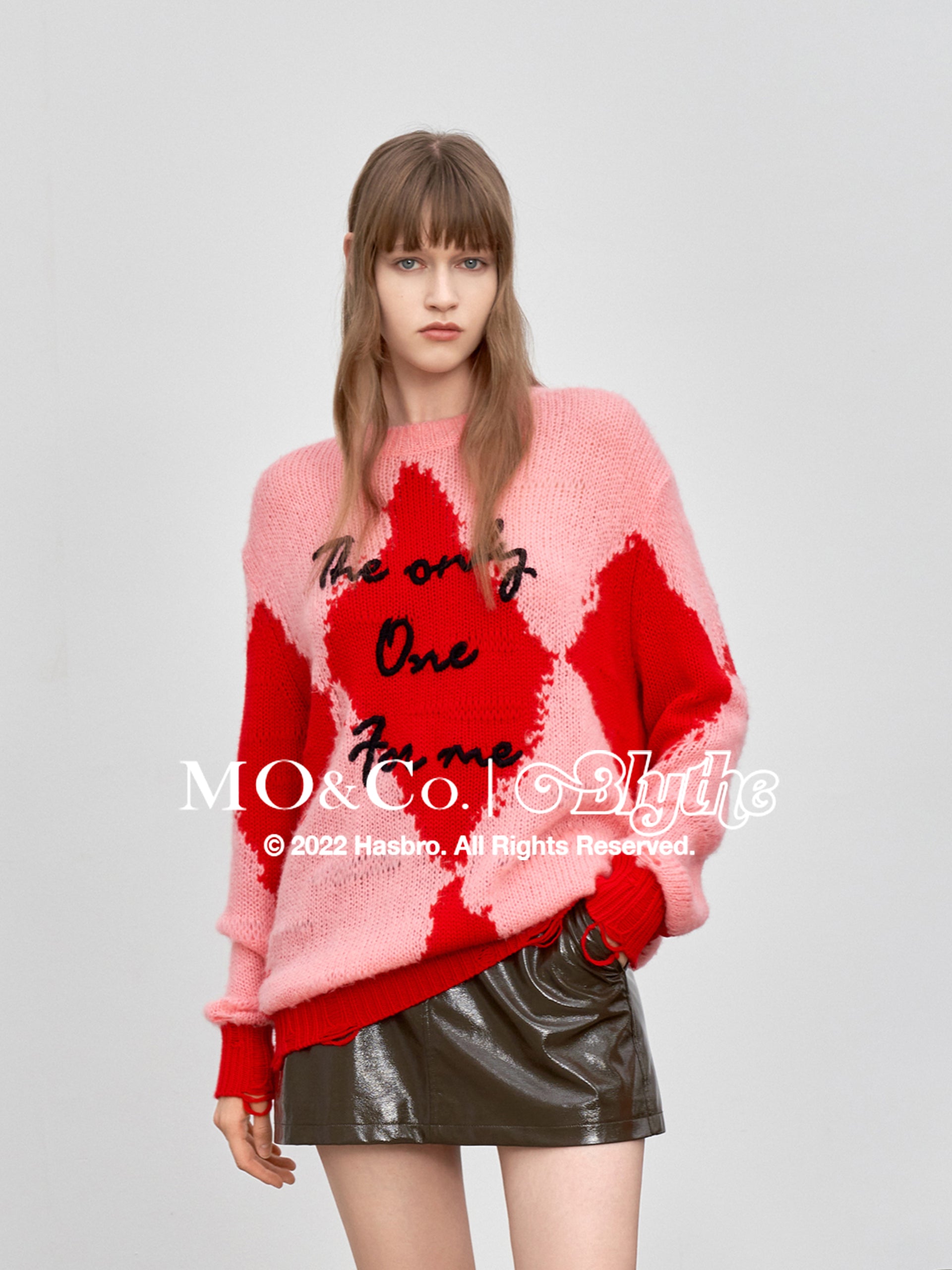 MO&Co.｜Blythe Collaboration Wool Letter Pattern Sweater Loose Chic Round Neck  Red Sweater