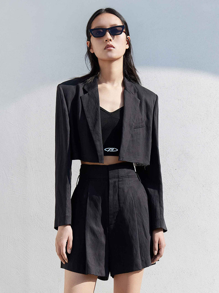 MO&Co. Women's Linen-blend Crop Blazer Cool Fitted Ladies Cropped Blazer