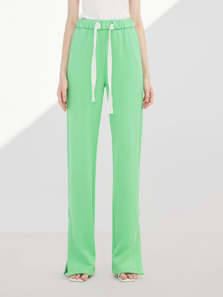 Elasticated Waist Cotton Causal Slit Details Trousers in Green