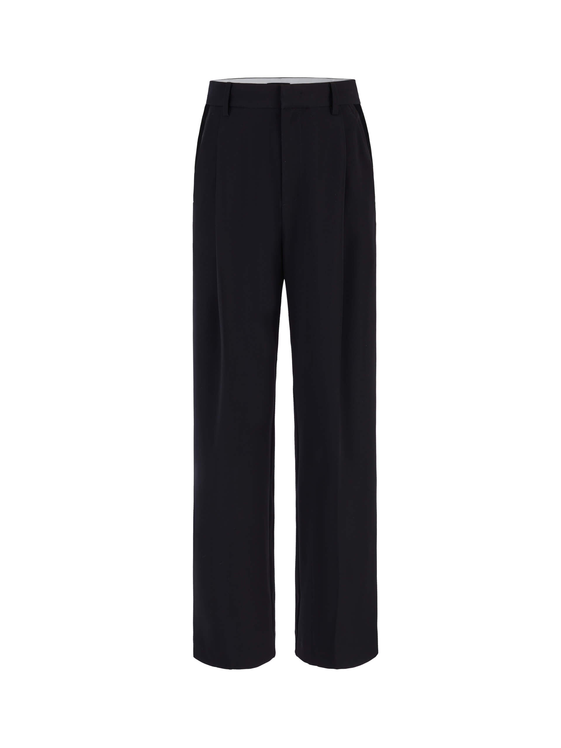 MO&Co. Women's Contrast Trim Straight Pants in Black: a fashionable look with white contrast trim design, wide and straight leg and side pockets, and belt loops and a zipper and hook closure.