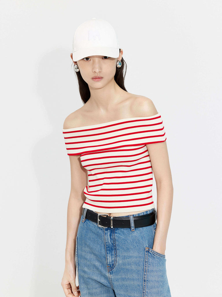 MO&Co. Women's Folded Off Shoulder Casual Striped Ribbed Knitted Top in Red and White 