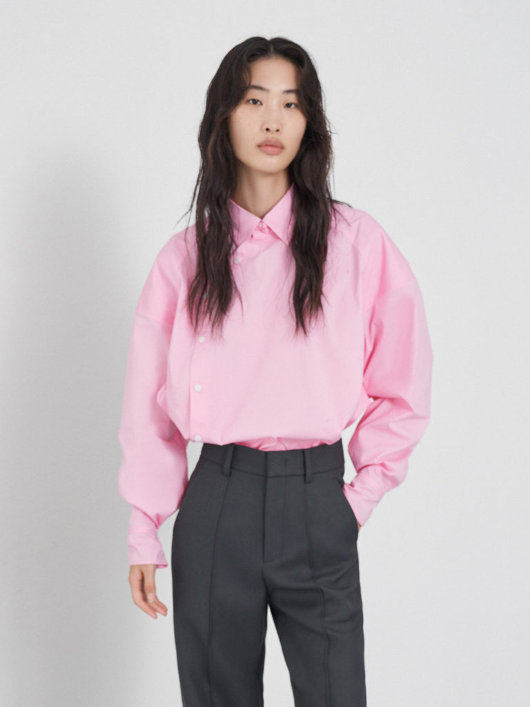Mandarin Style Slanted Placket Pink Shirt