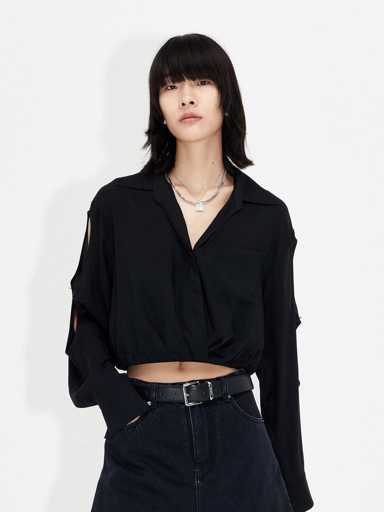 MO&Co. Women's Cutout Sleeve Cropped Collared Top in Black
