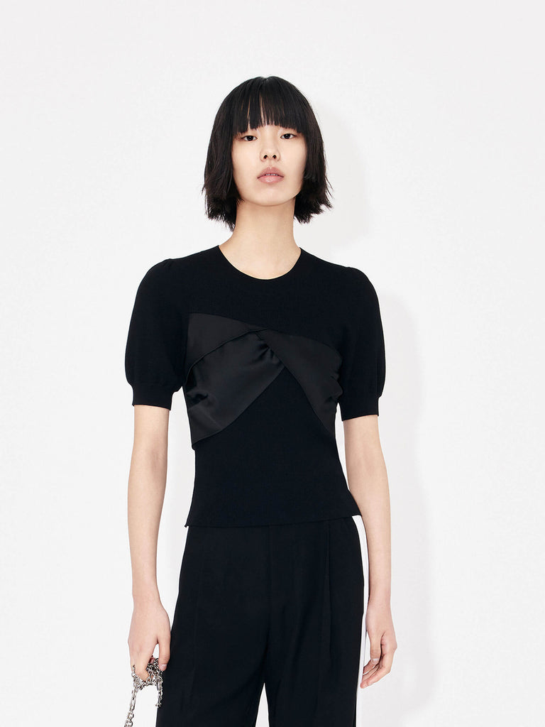MO&Co. Women's Patch Detail Ribbed Top in Black with round neckline for casual looks and night out.