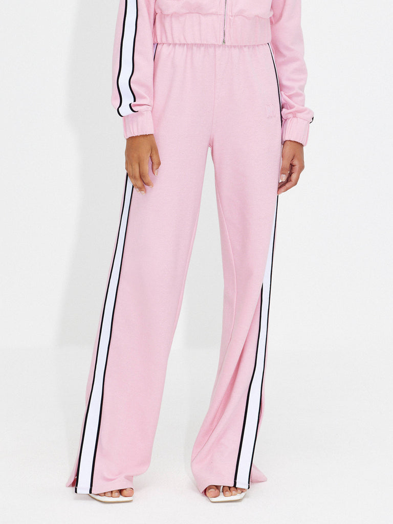 Women's Contrasting Trim Elastic waistband Slit Causal Trousers in Pink