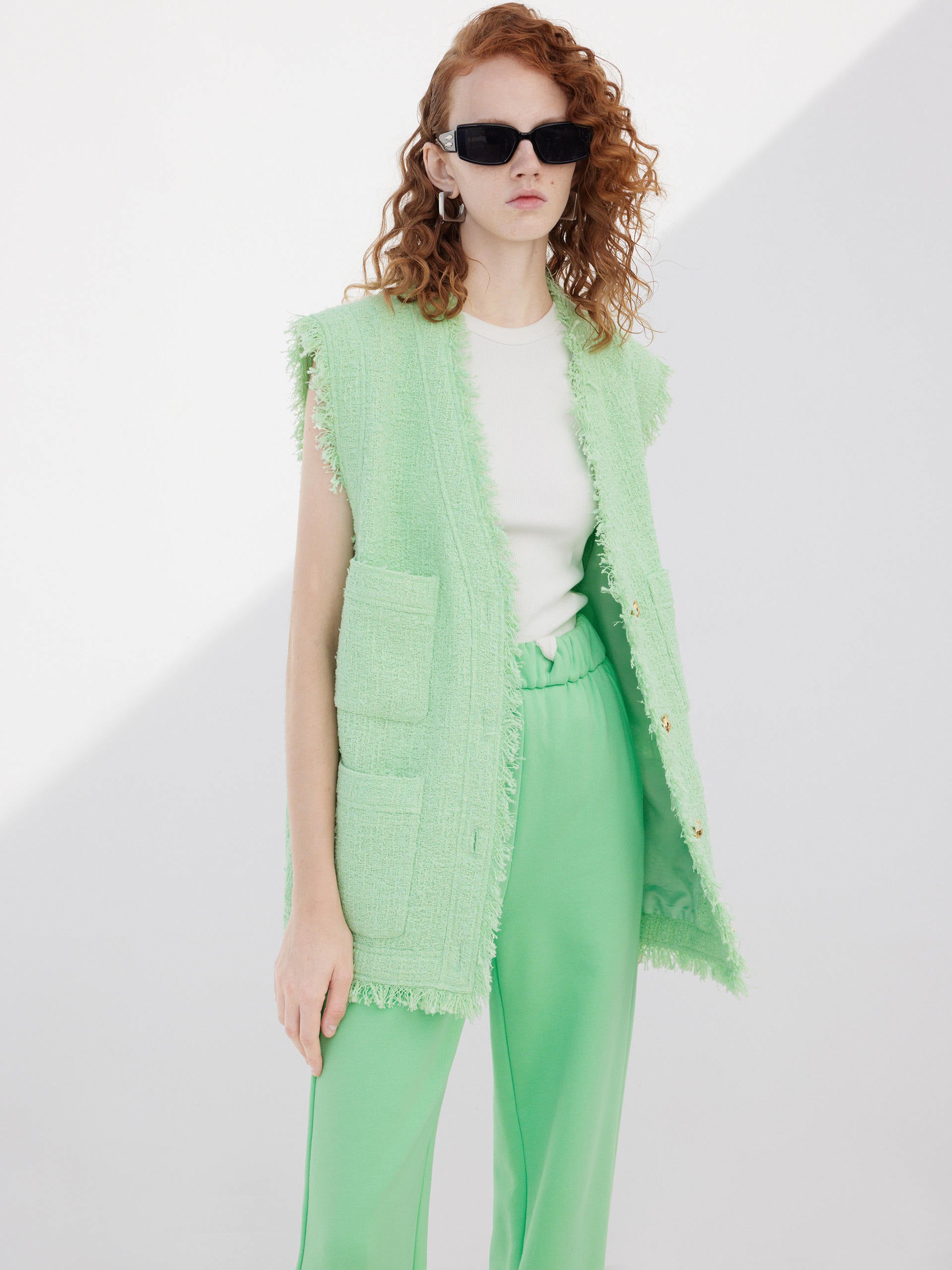 Metallic Button Raw Trimmed Green Waistcoat