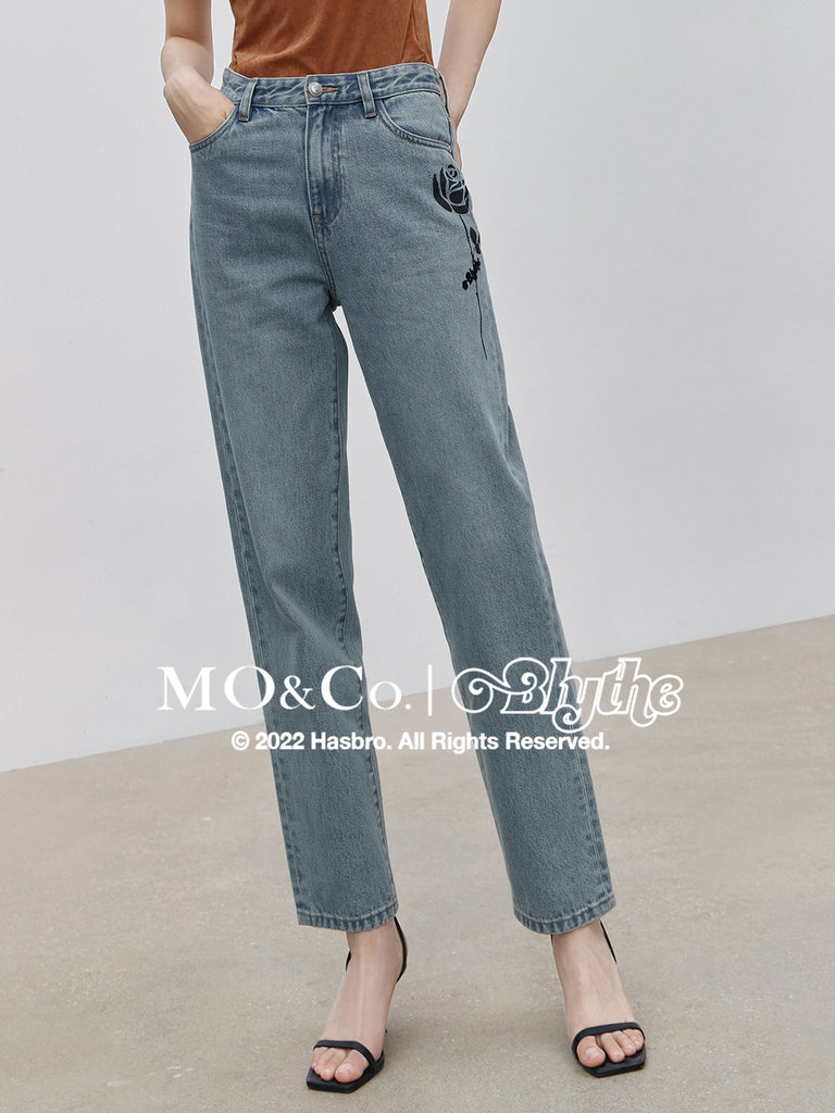 MO&Co.｜Blythe Collaboration Cotton Rose Print Jeans Fitted Cowboys  Trending Jeans For Women