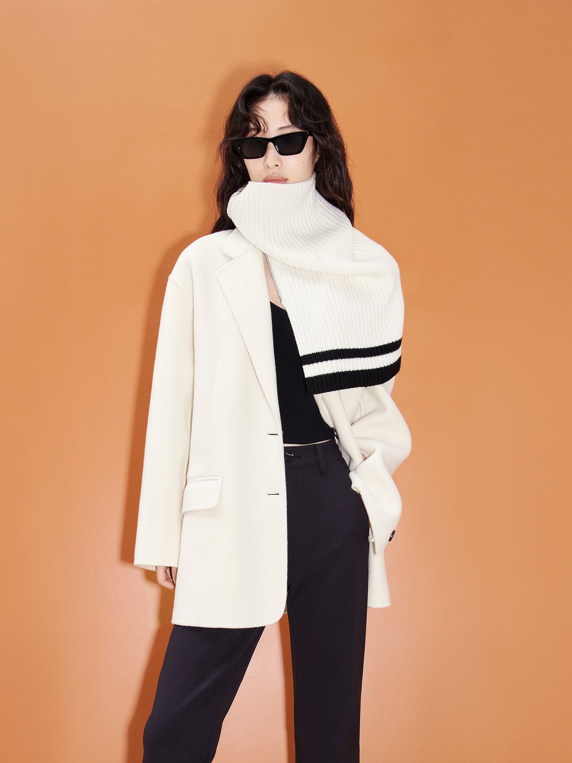 White Wool Midi Coat with Scarf