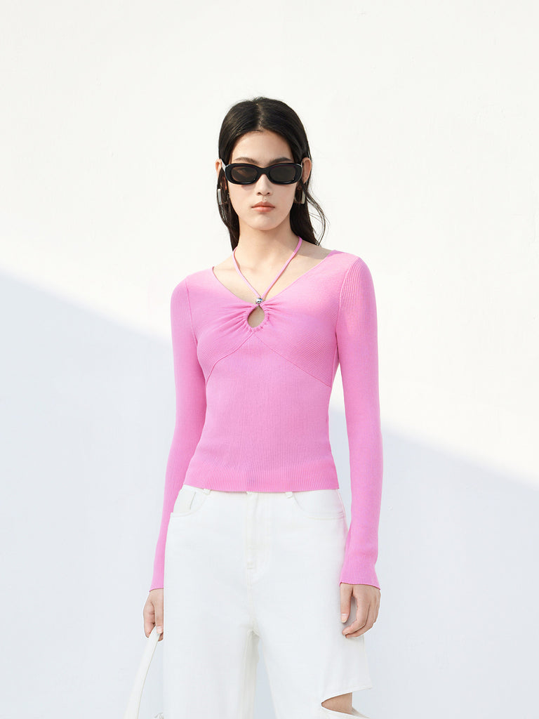 Long Sleeves Cotton Blend Ribbed Knit Top with Open Front Details in Pink