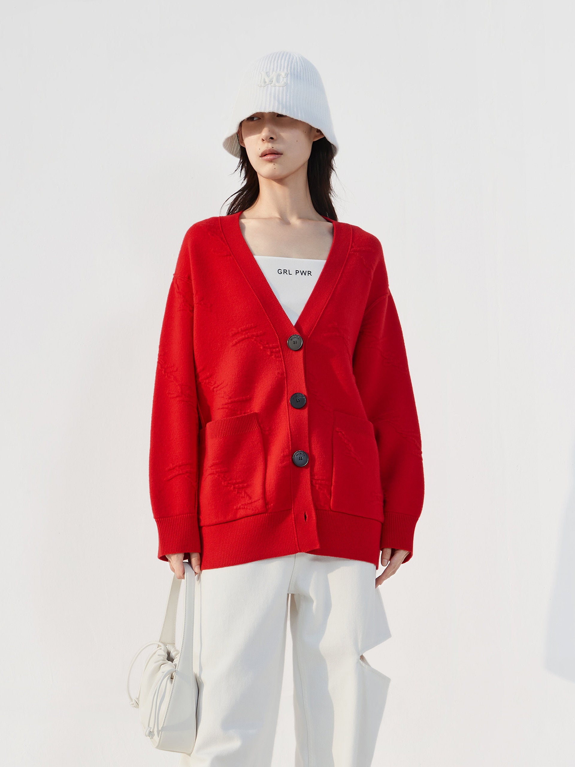 Wool Blend Letter Textured Jacquard Cardigan in Red