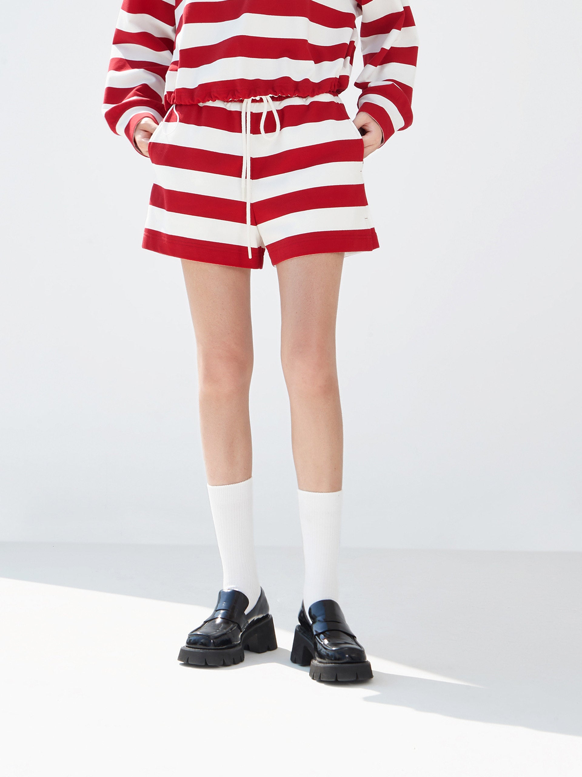 Red Drawstring Stripe Track Athleisure Shorts