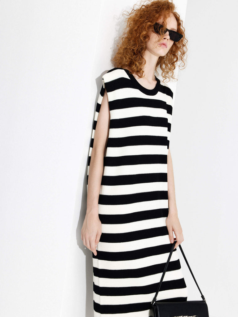 MO&Co. Women's Black and White Stripe H-line Maxi Dress with Cut-out Details and Logo Metallic Chain at back